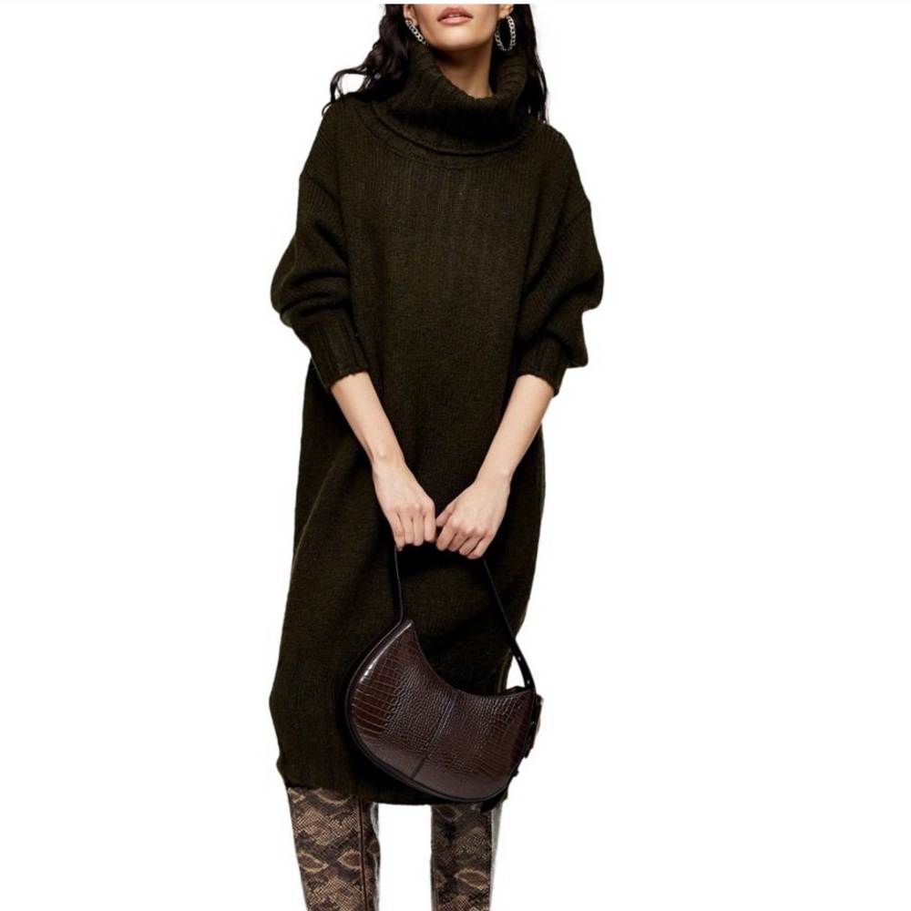 Topshop Dark Green Long Sleeve Dress
